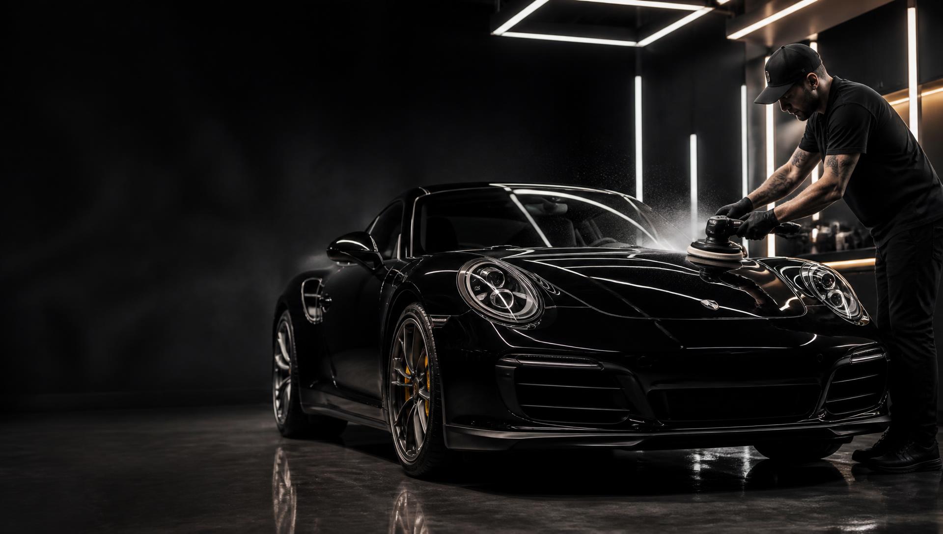 Professional detailer polishing a black luxury sports car